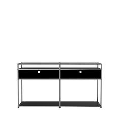 a black and silver shelf with two drawers