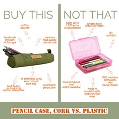 This pencil case is perfect for more than just your writing tools as you can use it to carry small electronic accessories, artistic tools, makeup brushes and other personal items as well. Say goodbye to your old conventional pencil case and upgrade to our unique slim case. It is the perfect companion for a college student or an artist as this case is reliable and durable. Details: Unisex pencil case Holds 8 standard size pencils Dimensions: 7.5L x 2.25W Weight: 0.05 lbs Cork + Sustainability: Co Green Pencil Case With Pen Holders For Storage, Green Rectangular Pencil Case With Pen Slots, Green Pencil Case With Pen Holders, Portable Green Pencil Shaped Pencil Case, Portable Green Pencil-shaped Pencil Case, Green Pencil Shaped Case With Pen Slots, Green Pencil-shaped Case With Pen Slots, Pencil Case With Pen Holders For Storage, Functional Green Pencil Case For Organization