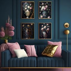 a living room with blue walls and paintings on the wall, gold pillows and pink flowers