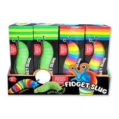 three boxes of fidget slugs in different colors