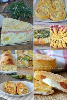 many different types of pastries are shown in this collage, including breads and sandwiches