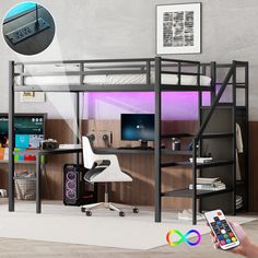 a person holding a remote control in front of a loft bed with desk and computer