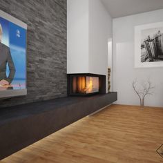 a living room with a fireplace and television on the wall