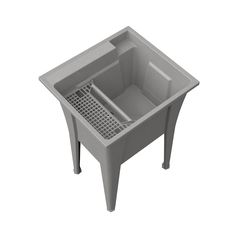 a gray plastic sink sitting on top of a white floor next to a metal grate