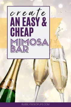 an easy and cheap mimosa bar with two champagne flutes in front of it