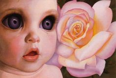 a painting of a baby next to a pink rose with black eyes and one eye opened