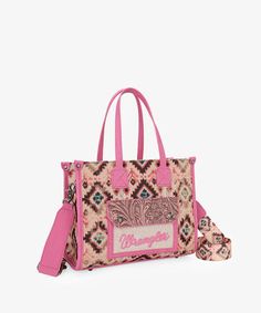 Montana_West_Aztec_Floral_Tooled_Canvas_Tote_Pink Montana West Purse, Western Shoes, Western Purses, Round Handle, Cross Body Bags, Pink Tote Bags, Duffle Bag Travel, Pink Tote, Aztec Pattern