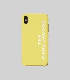 a yellow iphone case with the words marclays in white on it, against a gray background