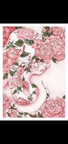 a drawing of a snake surrounded by pink flowers and peonies on a white background