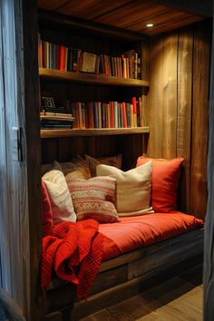 a room with bookshelves filled with lots of books and pillows on top of it