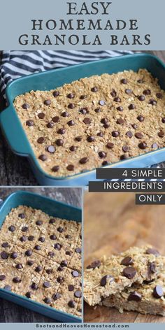 homemade granola bars with chocolate chips in the middle and four pictures showing how to make them