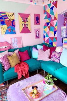 a living room filled with lots of colorful furniture