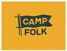 a yellow and green sign that says camp folk with an arrow pointing to the left