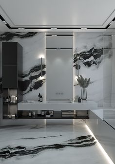 the bathroom is decorated in black and white marble with lights on it's side