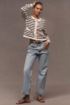 NVLT Striped Sweater Lady Jacket | Anthropologie Petite Womens Clothing, Thrift Inspiration, Greece Outfit, Lady Jacket, Petite Blouses, Petite Pants, Relaxed Jeans, Fall Clothes, Petite Outfits