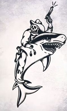 a drawing of a shark with a pirate hat on it's head and a hook in its mouth