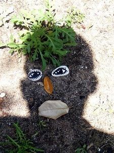 a face made out of leaves on the ground with eyes drawn on it's side