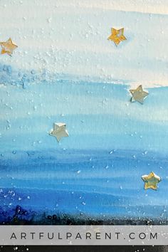 an abstract painting with gold stars and blue water