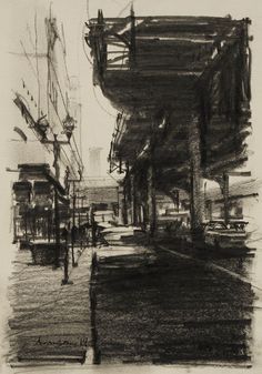 a black and white drawing of a city street