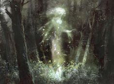 an image of a woman in the woods with light coming from her face and body