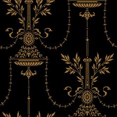 a black and gold wallpaper with an ornate design