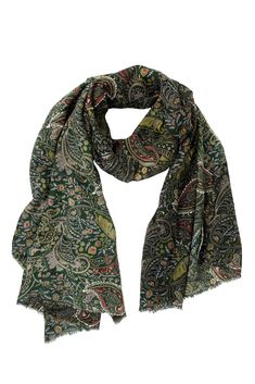 Paisley Forest Shawl - Ten Thousand Villages Hunter Green Background, Chain Scarf, Candle Wall Decor, Short Fringe, Accessories Bags Purses, Kantha Stitch, Scarf Hat, Paisley Design, Moss Green