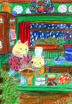 a drawing of two cats sitting at a table with food in front of them,