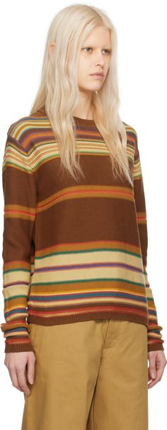 Find ACNE STUDIOS Brown Striped Sweater on Editorialist. Knit cotton sweater. Jacquard stripes throughout. · Rib knit crewneck, hem, and cuffs · Embroidered logo patch at chest Supplier color: Cinnamon brown/Multi Little Top Big Pants, Brown Striped Sweater, Downtown Girl Coquette, Feminine Masculine, Big Pants, Indie Alt, Cinnamon Brown, Outfit Formulas, 2020 Trends