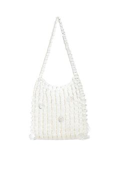 A larger version of our best-selling Caprice. The Gigi is unlike any bag out there. A beaded shoulder bag combining both clear and crystal beads, and a fine gold chain woven throughout. Exceptional in craftsmanship, but fun in looks. The Gigi is the perfect bag for beach destinations and warm weather. Clear beaded and crystal pouch, gold chain detailing. This bag has no closure or lining. 9 inches by 8 inches by 2 inches. Beige Beaded Shoulder Bag For Shopping, Gold Beaded Beach Bag, Luxury Beaded Fringe Bag, Gigi Necklace, Luxury Gold Crystal Bag, Perfect Bag, Warm Weather, Gold Chains, Crystal Beads