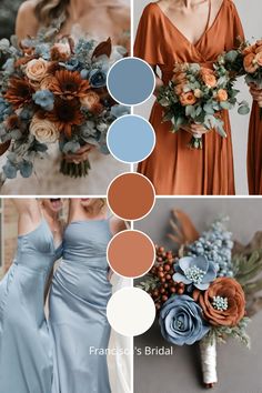 the bridesmaids are holding their bouquets in different shades of blue and orange