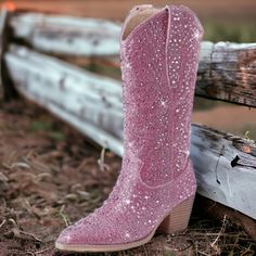 : The Cowboy Boots' Heel Height Is 9cm/3.54in. Based On The Classic Western Boots, The Upper Are Fully Inlaid With Sparkling Rhinestones And Will Be The Show-Stopper Of Any Outfit Sole Material Rubber Shaft Height Calf High Shaft Circumference 13 Inches Glamorous High Heel Boots With Glitter Accents, Pink Round Toe Boots For Party Season, High Heel Boots With Glitter Accents For Party Season, Pink Glitter Boots For Fall, Pink Sparkling Boots For Party, Pink Sparkling Party Boots, Sparkling Pink Party Boots, Western Style Party Boots With Bling, Winter Boots With Glitter Accents And Round Toe