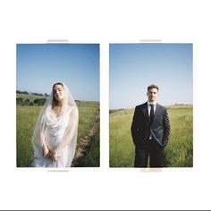 two pictures of a man and woman in wedding attire standing next to each other on a field