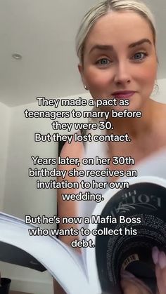 a woman is reading a book in her living room with the caption that reads, they made a pact as teenagers to marry before they were 30