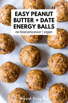 no food processor vegan peanut butter and date energy balls on a white plate with text overlay