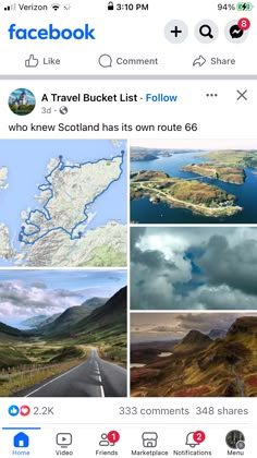 the facebook page for travel bucket list shows pictures of scotland and other places to see