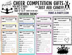 printable cheer competition gift list for girls and boys with hearts on them, including the name