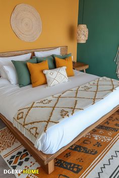 Warm Boho bedroom with mustard yellow and green accents, cozy textiles, and natural decor. Mustard And Green Bedroom, Mustard Accent Wall, Warm Boho Bedroom, Mustard Yellow And Green, Woven Wall Decor, Natural Decor