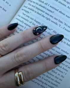 Black Moon Nails Acrylic, Nails Acrylic Celestial, Dark Green Gel X Nails, Moon Accent Nail, Grunge Nails Almond Shape, Astronomy Nails Acrylic, Nails Acrylic Moon, Black Witchy Nails Short, Dark Academia Nail Designs