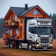 a large semi truck parked in front of a wooden cabin style house on the side of a road