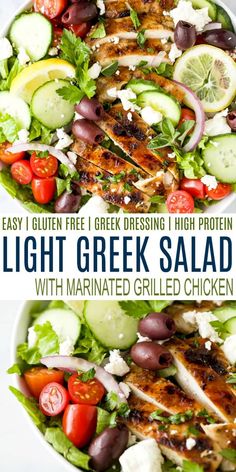 two plates filled with chicken and vegetables on top of each other, next to the words light greek salad