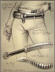 this is an image of a pencil drawing of a man's belt and knife