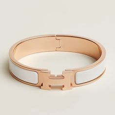 Hermes Rose Gold / White Excellent Condition Hermes Clic H Bracelet, Hermes Bangle, H Bracelet, Hermes Bracelet, Hermes Jewelry, Hermes Accessories, Enamel Bracelet, Rose Gold Hardware, Elegant Bracelet