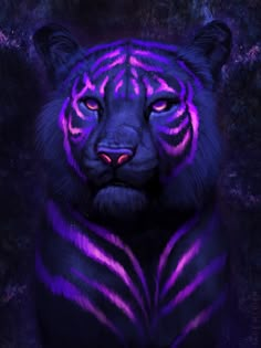 a tiger with purple and black stripes on it's face