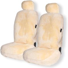 two white furry car seats with black trim