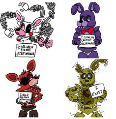 four cartoon characters with signs in their hands