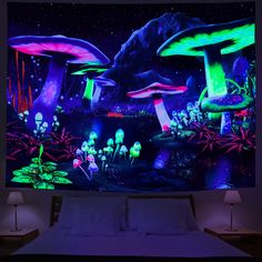 a bed room with a large mural on the wall