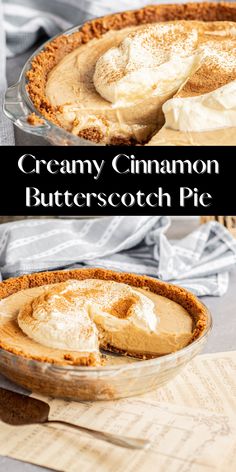 creamy cinnamon butterscotch pie with whipped cream on top