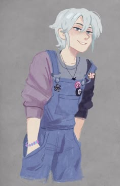 a drawing of an anime character with white hair and blue overalls, smiling at the camera