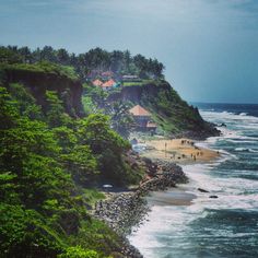 the beach is surrounded by lush green trees