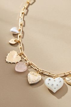 14k gold-plated brass, resin, plastic Lobster clasp Imported | Multi Heart Charms Necklace by Anthropologie in Gold, Women's, Plastic/Gold/Plated Brass Unique Gifts For Girlfriend, Bold Statement Necklaces, Beaded Shoes, Bracelet Inspo, Zodiac Pendant Necklace, Flower Shoes, Charms Necklace, Painted Earrings, Monogram Ring